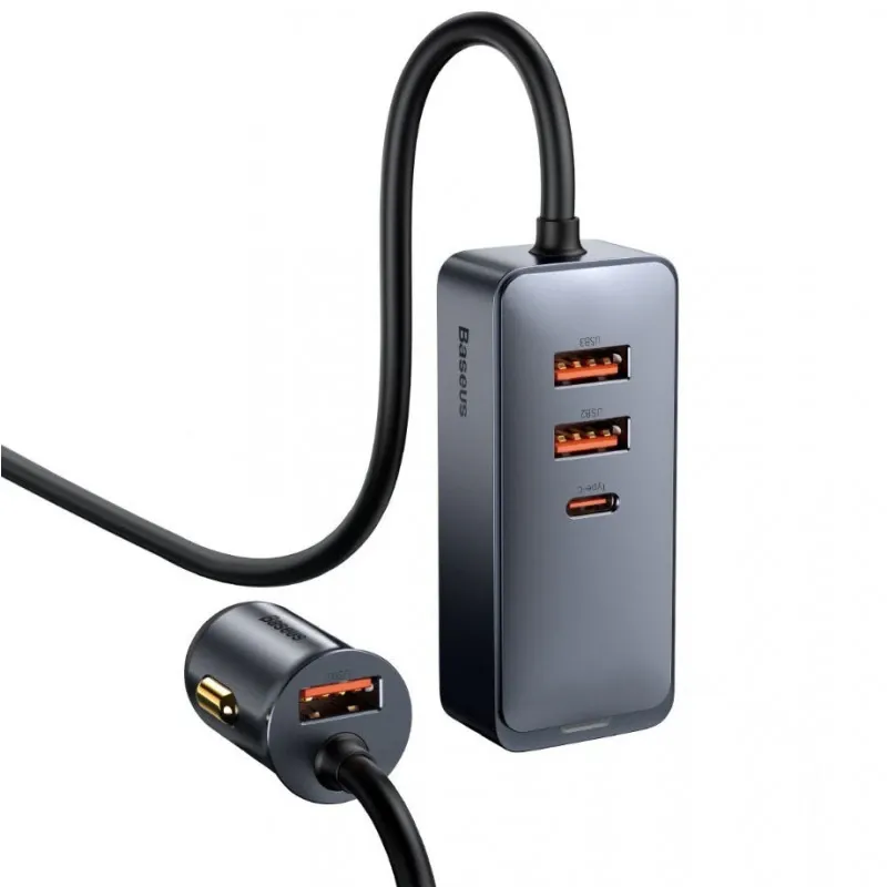 Incarcator auto, Baseus, 3 x USB, USB-C, 120 W, Gri