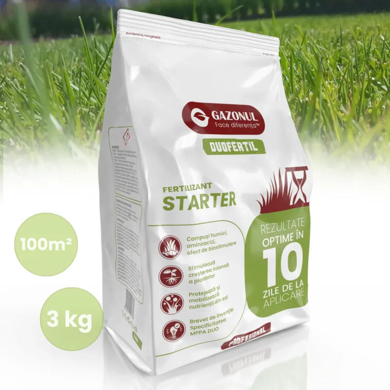 Ingrasamant Starter Gazonul®, pentru Gazon, Flori, Fructe, Legume, Pomi fructiferi, Fertilizant solid profesional, pentru Insamantare, Reabilitare, Inverzire rapida, NPK 20-10-5+S, Granule, Acoperire 100 mp, 2.95 kg