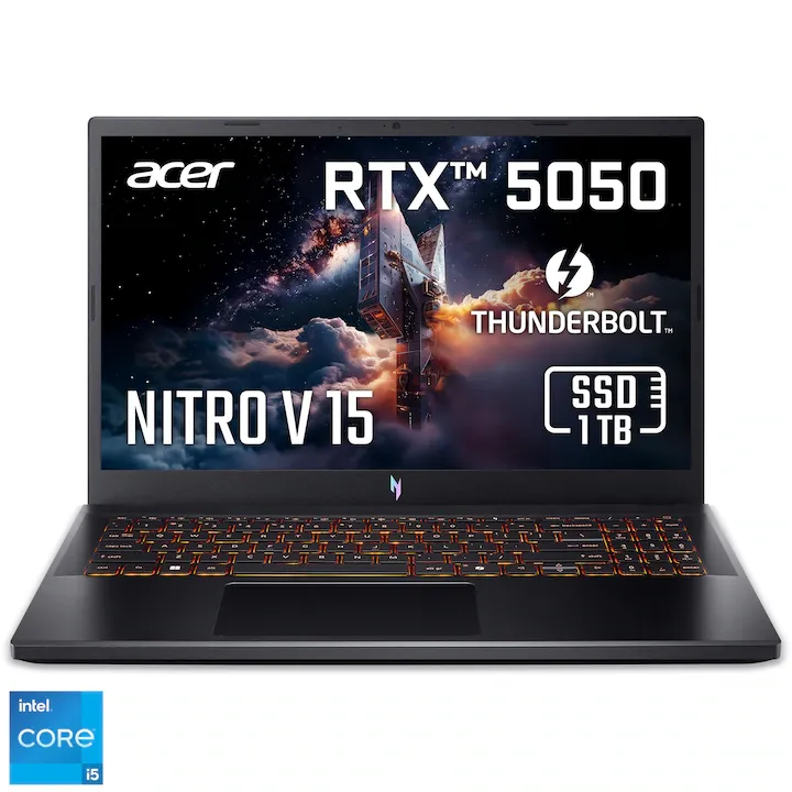 Gaming Acer Nitro V 15 ANV15-52-54CB cu procesor Intel® Core™ i5-13420H pana la 4.7GHz, 15.6" Full HD, IPS, 165Hz, 16GB DDR4 RAM, 1TB SSD. NVIDIA® GeForce RTX™ 5050 8GB GDDR7, No OS, Obsidian Black