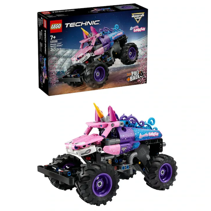 Set de constructie LEGO® Technic Monster Jam™ Sparkle Smash™ cu motor cu arc 42220, Jucarii pentru Copii, Masina de Jucarie, Jucarii pentru Baieti, Idee de Cadou pentru Copii