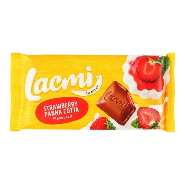 Ciocolata cu lapte si umplutura cu aroma de capsuni si panna cotta Roshen Lacmi, 90 g