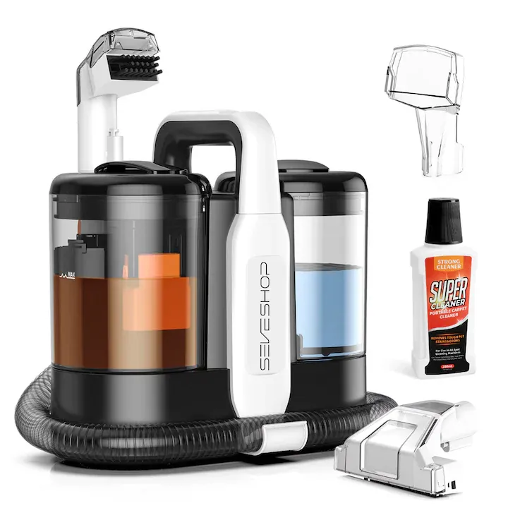 Aspirator Cu Spalare 3 In 1, SeveShop® C5, Aspirator Spalare Cu Extractie, Rezervor Dublu 1.5L + 0.8L, Aspirator Cu Motor 450W, Putere 11000 Pa, Perie Sub Presiune, Furtun Auto-Curatare, Compact, Portabil, Ideal Auto, Canapea, Mocheta, Gri