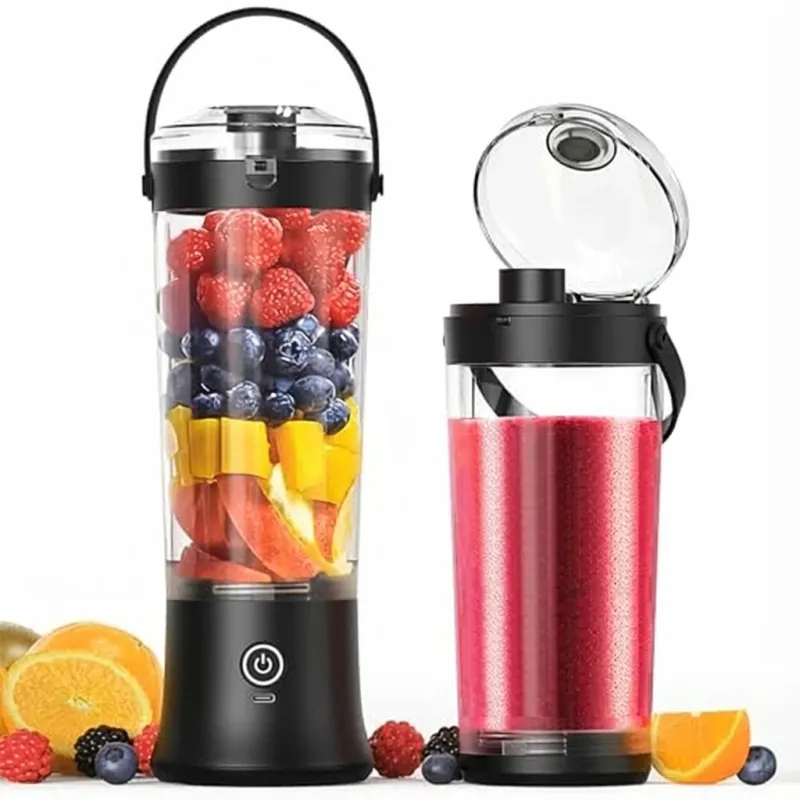 Blender portabil Leccik®, ideal pentru milkshake-uri si sucuri. Mini blender fara fir, puternic, cu capacitate de 500 ml, reincarcabil, dotat cu 6 lame ultra-ascutite. Perfect pentru calatorii, utilizare la birou si sport. Culoare: negru