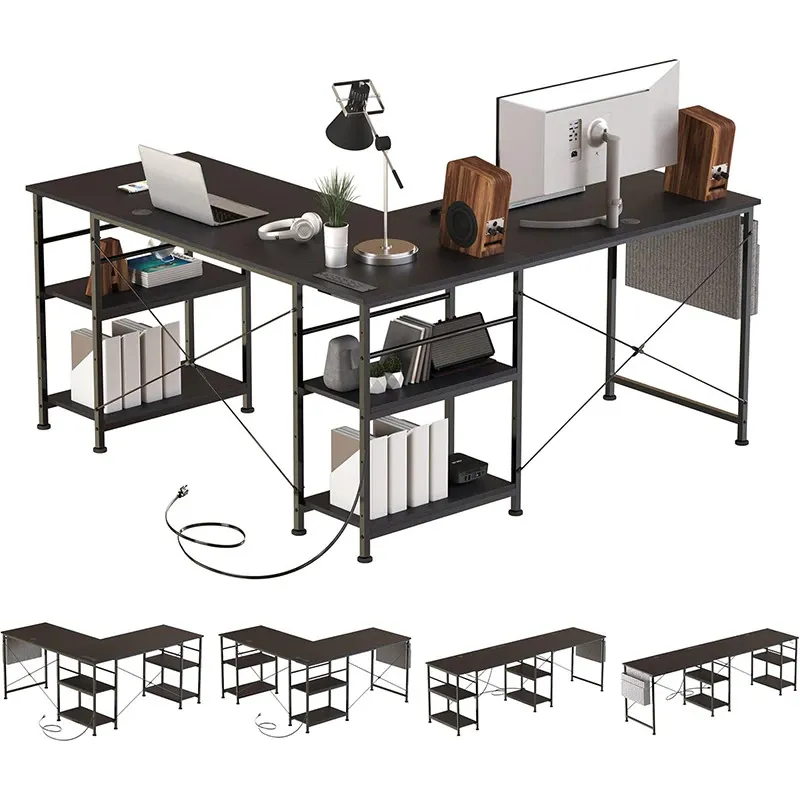 ORBER Birou pentru calculator, reglabil pe inaltime, birou cu trei prize, 2 prize USB, orientare liber schimbabila, masa comuna 140x140x74cm, negru