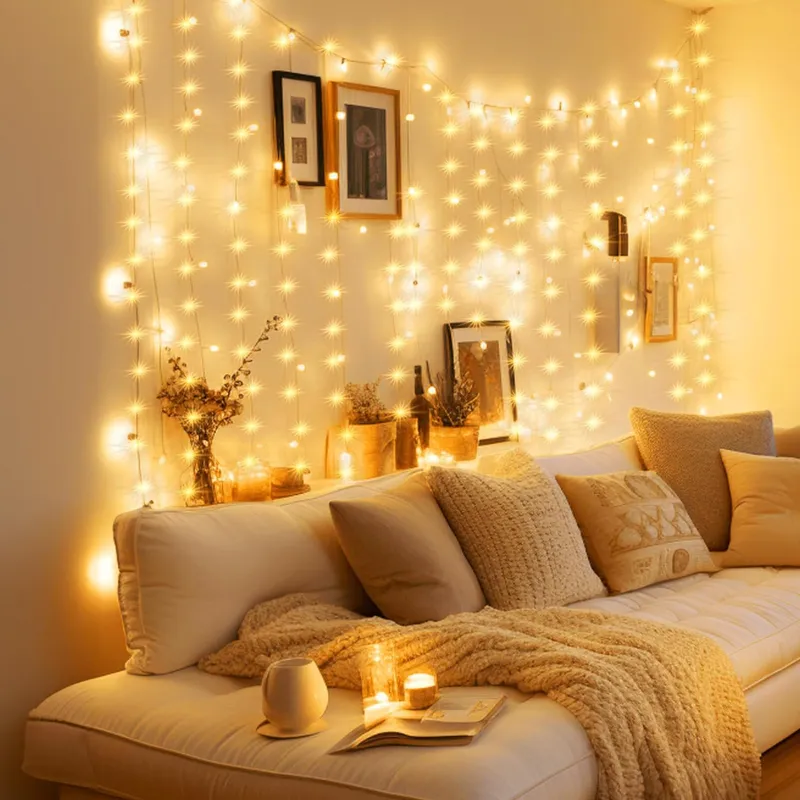 Instalatie luminoasa tip perdea, USB, 8 moduri, 3x3m, 300 LED-uri, alb cald, cu telecomanda si carlige, pentru decor interior si exterior