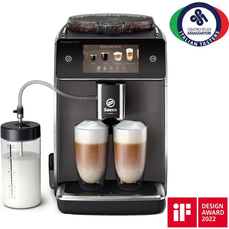 Espressor automat Saeco GranAroma Deluxe SM6682/10, 18 specialitati de cafea, ecran cu touch color 5", 6 profiluri de utilizator, 3 profiluri de gust presetate cu CoffeeMaestro, conectivitate, rasnita ceramica cu 12 trepte de macinare, negru