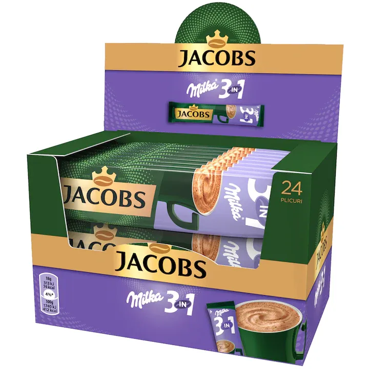 Cafea solubila, Jacobs 3in1 Milka, 24 plicuri x 12.4g, 297.6 g