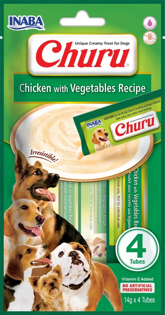 Recompense cremoase pentru caini Inaba Churu, pui si legume, 4 x 14 g