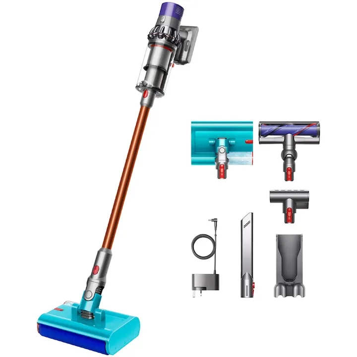 Aspirator vertical fara fir Dyson V10 Cyclone Submarine™ 594446-01, 525W, putere aspirare 150AW, autonomie pana la 60 minute, 3 moduri de curatare, 2 perii, 2 accesorii, nichel/cupru