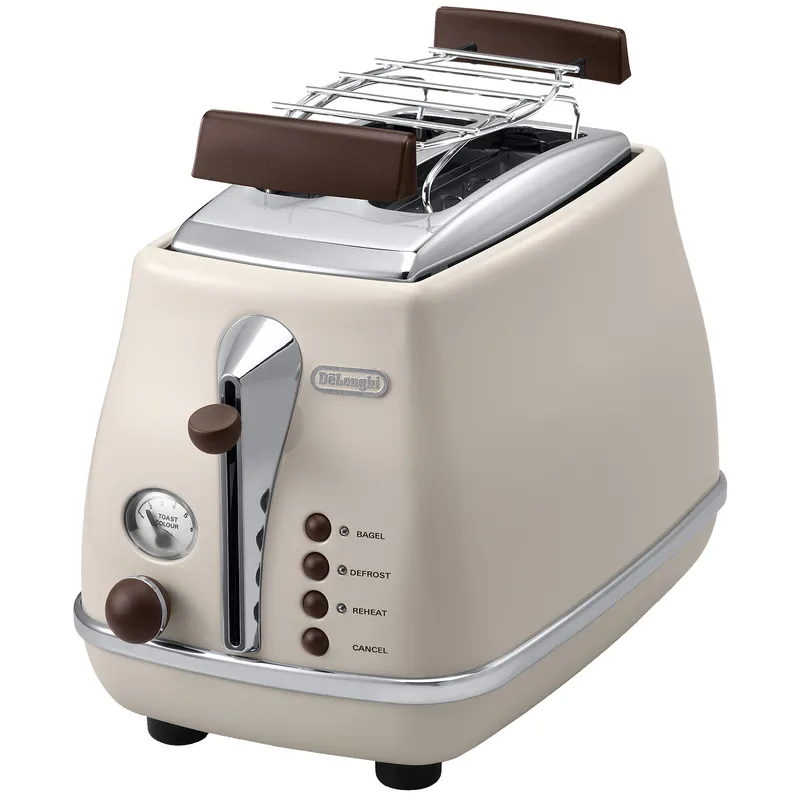 Prajitor de paine De'Longhi Icona Vintage CTOV 2103.BG, 900 W, 2 Felii, Control electronic rumenire, Suport de incalzire, Crem