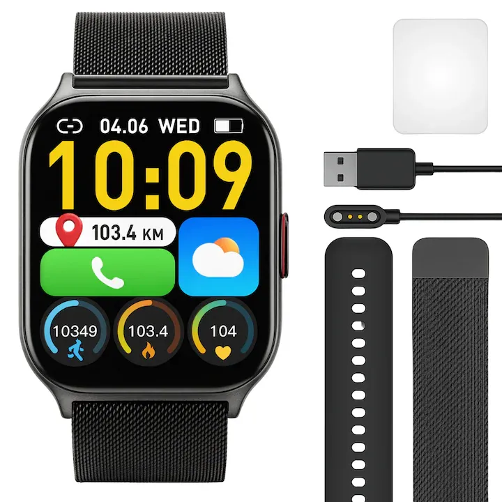 Ceas Smartwatch Barbati TechONE® Wand Pro, 2 inch SUPER AMOLED, Inteligent, Fitness, Sport, Apel Bluetooth HD, Multi Sport, Ritm Cardiac Multi Point, SpO2, Tensiune, Oxigen, Limba Romana, Carcasa Metalica, 2 Curele, IP68, Negru