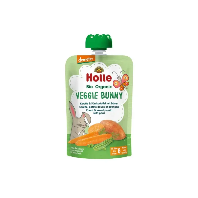 Piure de morcovi, cartofi dulci si mazare Veggie Bunny, de la 6 luni, 100 g