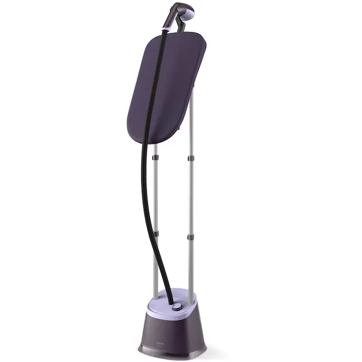 Aparat de calcat vertical Philips cu abur cu picior (2 stalpi de sustinere), 2000W, capat cu placa de plastic, 3 setari pentru abur cu debit continuu de abur de 40g/min, placa StyleBoard ce poate fi folosita in pozitie verticala sau inclinata, violet