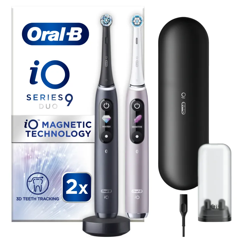 Set 2 x Periuta de dinti electrica Oral-B iO9 cu Tehnologie Magnetica si Micro-Vibratii, Inteligenta artificiala, Display led, Senzor de presiune Smart, Timer vizibil, 7 moduri, 1 incarcator magnetic, 1 Trusa de calatorie cu incarcator, Negru/Roz