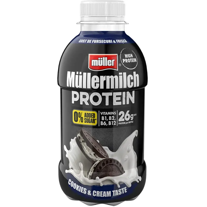 Bautura proteica Muller cu gust de fursecuri si frisca, fara zahar, 400 g