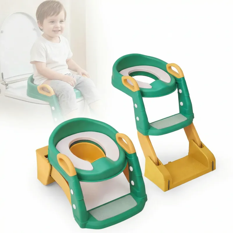 Reductor WC Copii cu Scarita LittleDomi, 3in1 Pliabil, Colac Moale PU Lavabil, Olita Detasabila, Anti-Stropire, Trepte Anti-Alunecare Reglabile, Manere de Siguranta, Universal Toate Toaletele, 2-7 ani, Verde