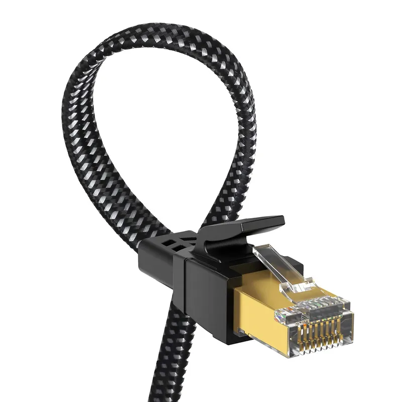 Cablu Internet LAN, Cablu de Retea Ethernet Cat 8, Conector RJ45, 40 Gbps, 2000 Mhz, Format Plat, Nailon, Rezistenta la rupere, 1m, Negru