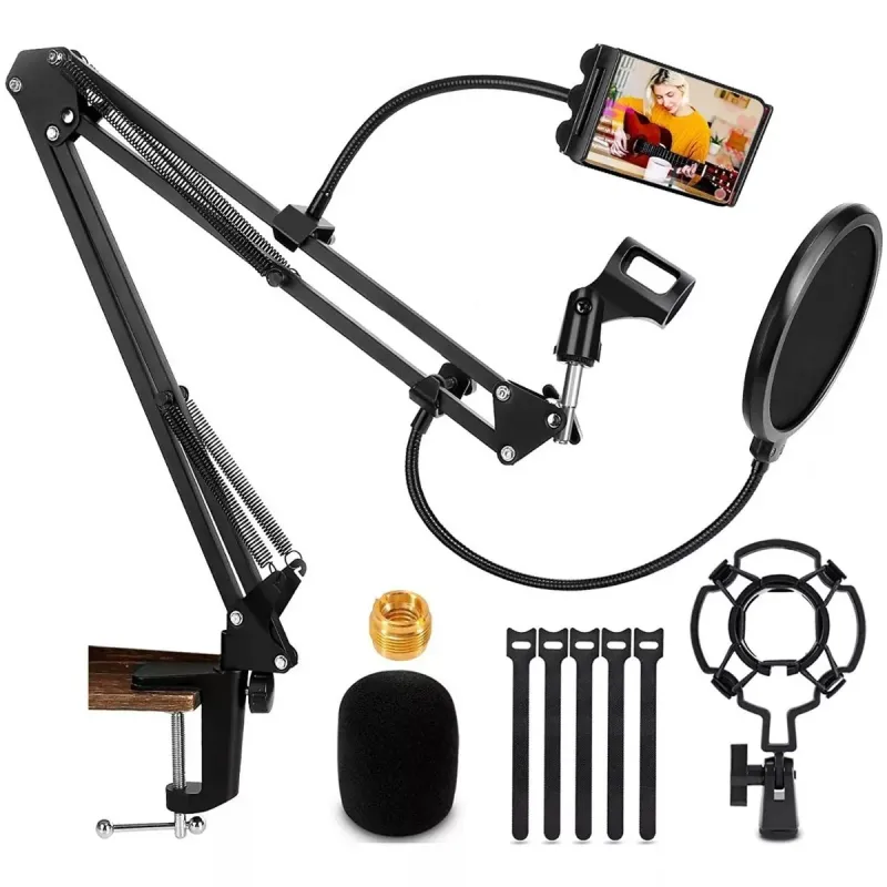 Suport microfon profesional, Dytimeem, D9005, Asamblare birou, Reglabil 360°, Brat foarfeca, Filtru pop, Negru