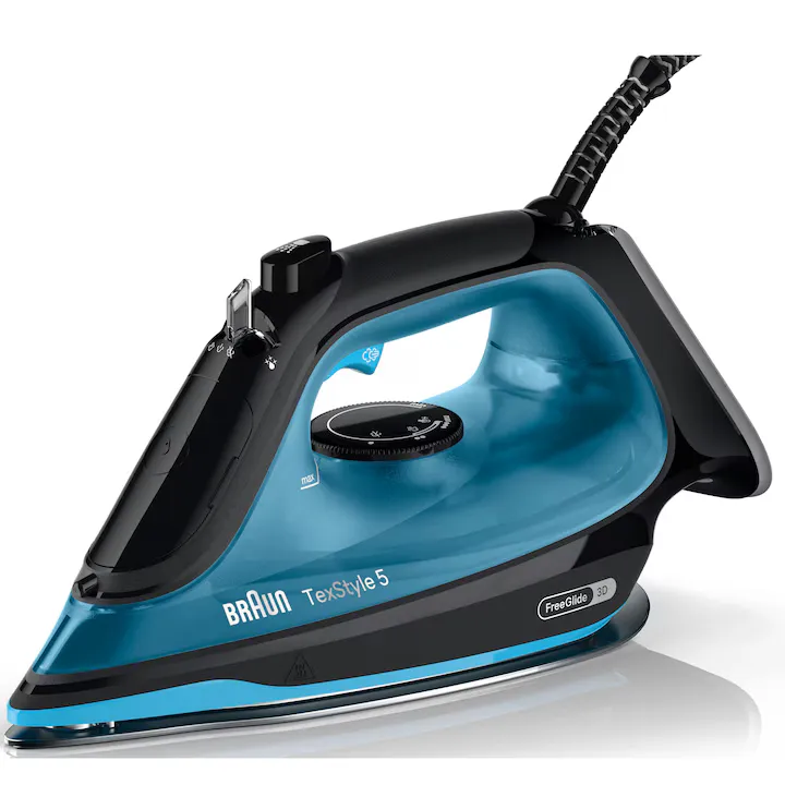 Fier de calcat Braun TexStyle 5 SI5256BL, 2600W, jet de abur 210g/min, abur variabil 0-50 g/min, talpa SuperCeramic, rezervor 300 ml, tehnologie FreeGlide, oprire automata, sistem antipicurare, negru/albastru