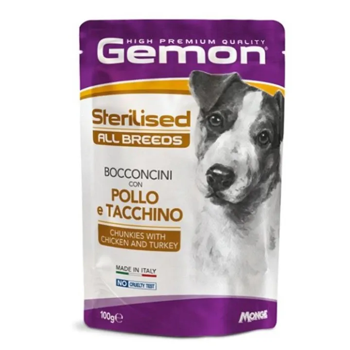 Hrana umeda pentru caini sterilizati, Gemon Bocconcini cu pui si curcan, 24 buc x 100 g
