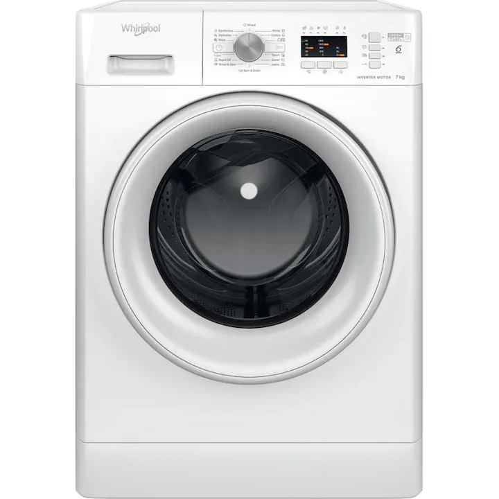 Masina de spalat rufe Whirlpool FFL7238WEE, 7kg, 1200 RPM, Clasa D, Tehnologia al 6-lea Simt, Motor Inverter, FreshCare, Alb