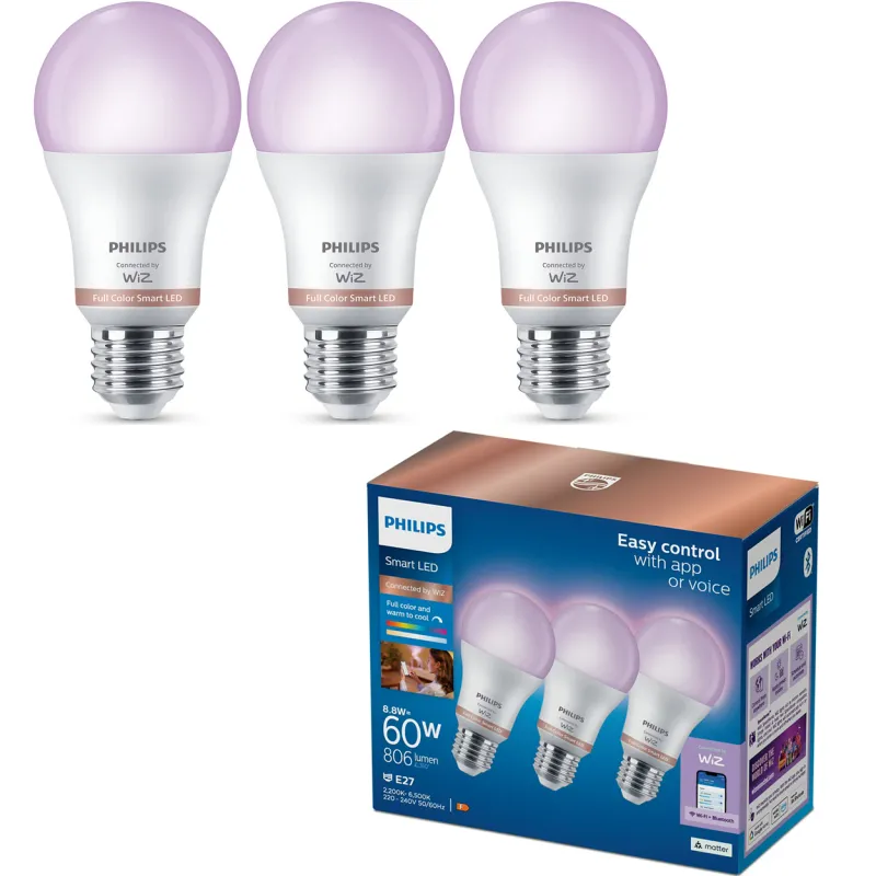 Pachet 3 becuri LED RGB inteligente Philips Smart A60, Wi-Fi/Bluetooth, E27, 8.5W (60W), lumina alba si colorata (2200-6500K), clasa energetica F