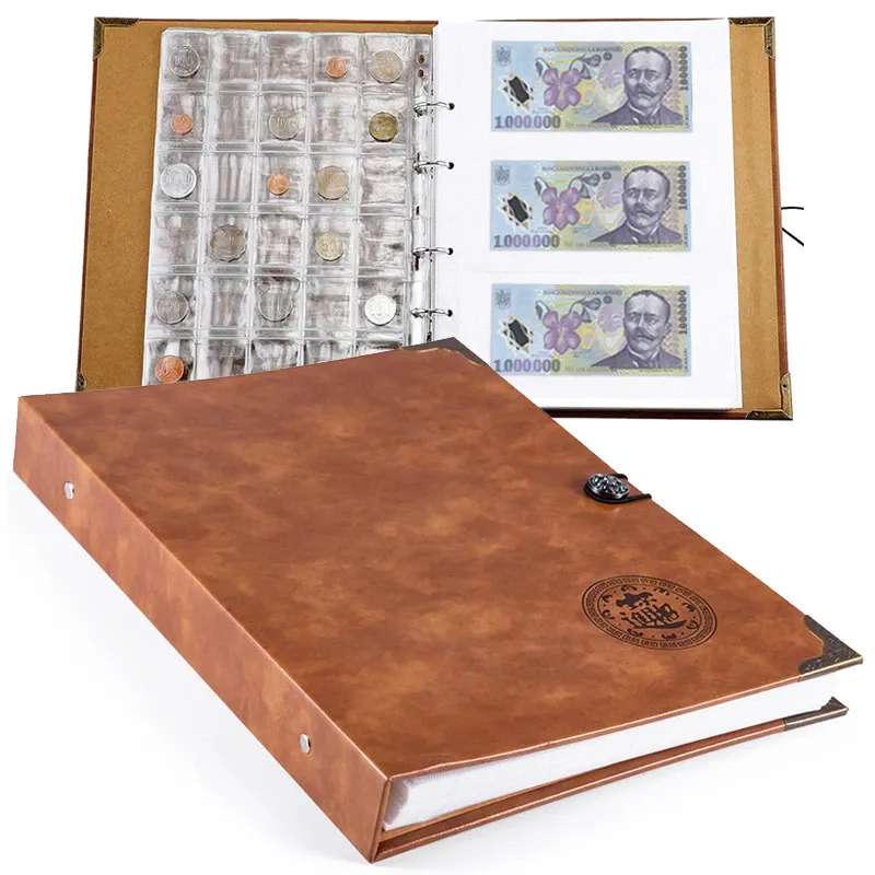 Album de colectie monede/bancnote,300 de punga moneda,300 de pungulita bancnota, PVC transparent, impermeabil si anti-umezeala, clema de fixare detasabila, piele PU de calitate superioara,30x24x4cm, Colectie multifunctionala, Maro