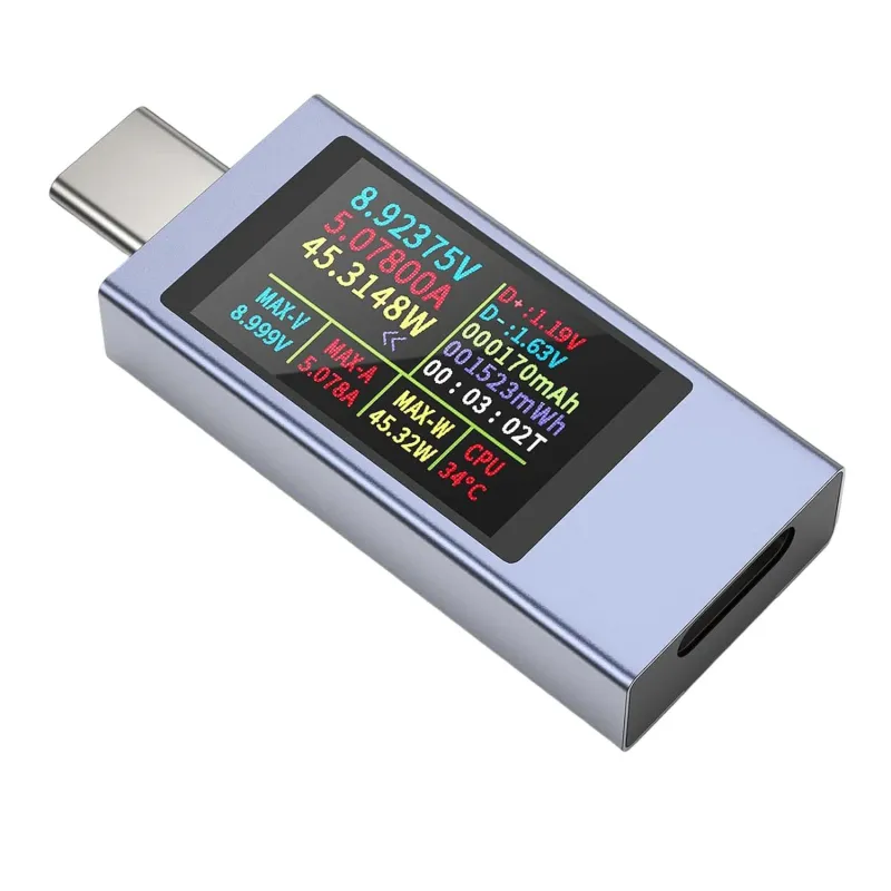 Tester de tensiune USB-C, Oududianzi, curent 0-12A, ecran OLED color, gri