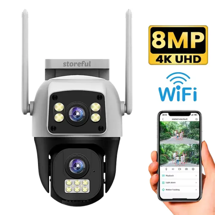 Camera de supraveghere, Storeful, WiFi 4K Ultra HD cu lentile duale, rotatie 355°, zoom digital 10X, audio bidirectional, viziune nocturna color, detectie umana, urmarire automata si stocare locala sau in cloud, alb