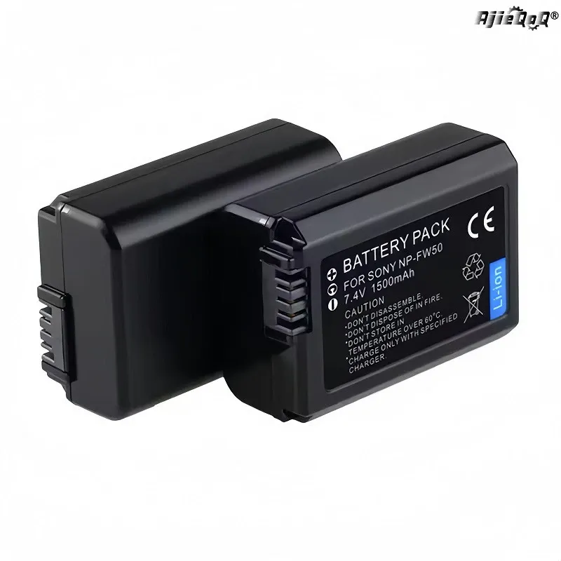 Set 2 Acumulatori NP-FW50, AjieQaQ®, 1500mAh, Compatibil Sony NEX-5N/5/F3/C3/3, Tensiune 7.4V, Dimensiuni 32x19x45mm, Negru, Protectie Supraincarcare, Usor de Instalat, Portabil, Set de Rezerva, Inlocuitor Original