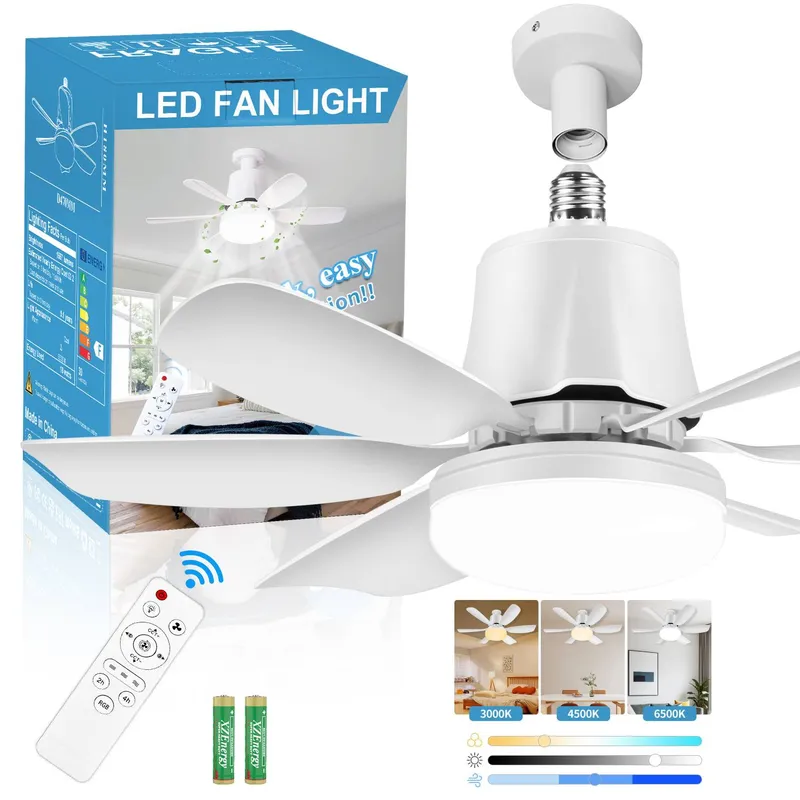Ventilator tavan cu iluminare LED, BYLIFITY, G5482W, Silentios Motor, E26/E27, Lumina Naturala/Rece/Calda, 3000K-6500K Intensitate Reglabila, Telecomanda, 3 viteze, Timer, Pale Ventilator Detasabile, Alb