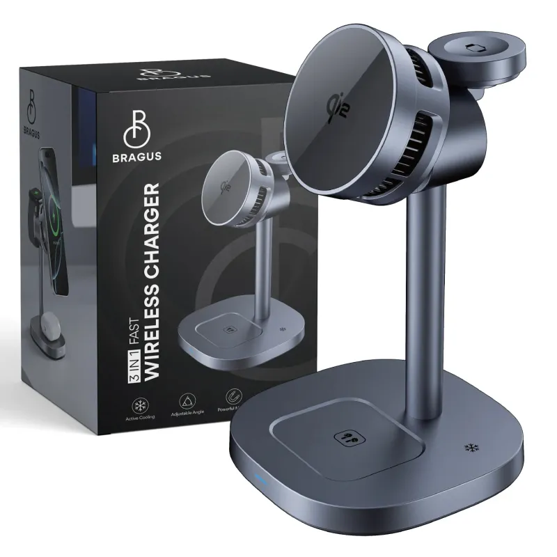 Incarcator Wireless 3in1, BRAGUS, Incarcare Simultana 3 Dispozitive, Functie Racire Integrata, Tehnologie MagSafe, Protejeaza Bateria, Fast Charge 15W, QI2, Incarcator Multiport Wireless, Statie Incarcare 3in1, Compatibil iPhone, Apple Watch, AirPods, Gri