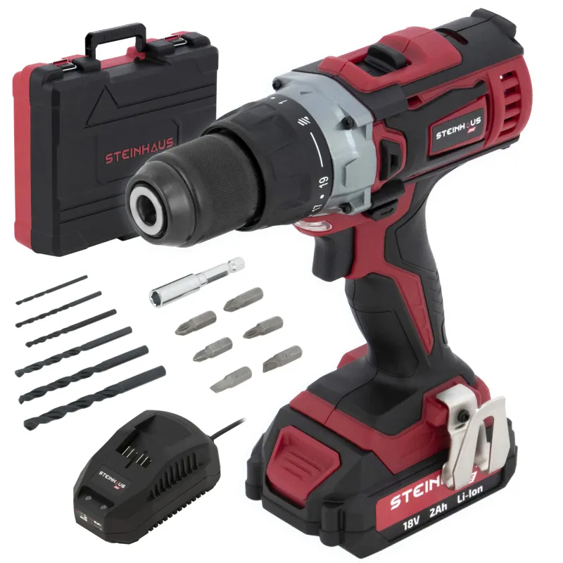 Masina de gaurit si insurubat (bormasina) cu acumulator Steinhaus ONE 18V, PRO-ONE-CD2, 45Nm, 19 trepte torsiune, 2 trepte turatie 450/1600 RPM, mandrina metalica rapida 13mm, cu acumulator 2Ah Li-Ion si incarcator 2.4A, valiza transport + accesorii