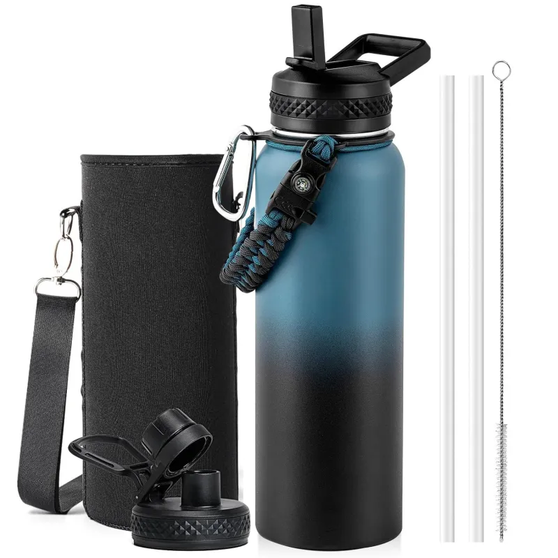 Bidon de apa, BYONDSELF®, pentru Sport, 32oz, Izolatie 24h Cald, 48h Rece, din Otel Inoxidabil, Fara BPA, Doua Moduri de Baut, cu Paie de Rezerva, Perie, Husa, Curea si Cordon, Albastru-Negru