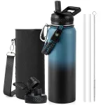 Bidon de apa, BYONDSELF®, pentru Sport, 32oz, Izolatie 24h Cald, 48h Rece, din Otel Inoxidabil, Fara BPA, Doua Moduri de Baut, cu Paie de Rezerva, Perie, Husa, Curea si Cordon, Albastru-Negru