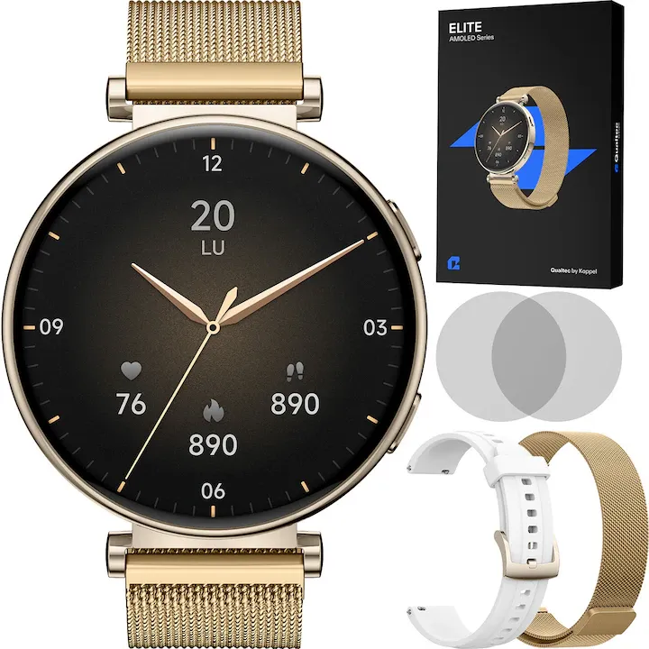 Ceas smartwatch dama, Qualtec by Koppel®, ecran rotund AMOLED 1.32", inteligent, fitness, sport, rezistent apa 3ATM, smart, notificari, wireless, apel Bluetooth 5.3, microfon HD, limba romana, pentru femei, carcasa metalica, 2 bratari incluse, ELITE, gold