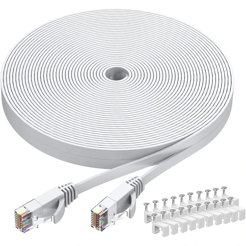 Cablu Retea, Format Plat Flexibil Cat6, cu Mufa, Conector RJ45, 30m Lungime, Alb