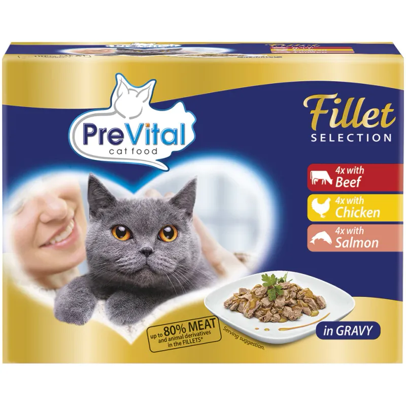 Hrana umeda pentru pisici PreVital, Fillet Selection Pouch, Vita, Pui, Somon, 12x85g