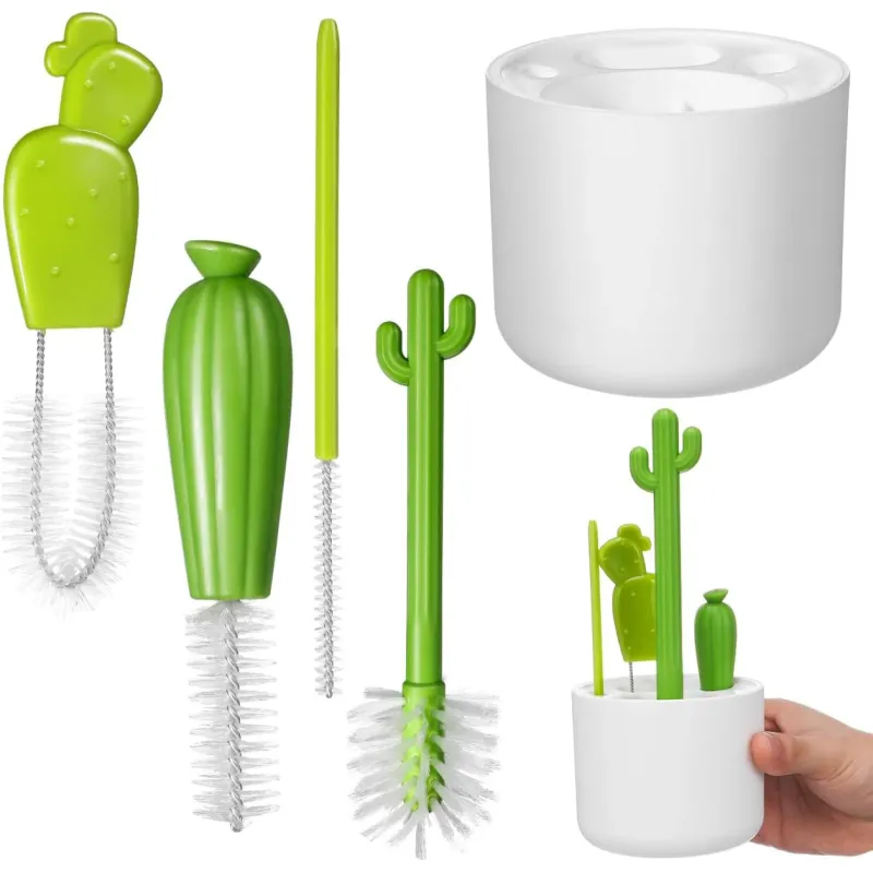 Set de perii pentru curatarea biberonului 4 piese, perie mamelon/paie/detalii, design cactus, fara BPA, pentru bebelusi, verde + alb
