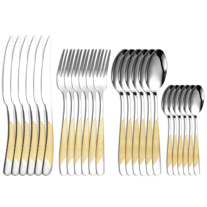 Set de Tacamuri 24 Piese, Set pentru 6 persoane, Otel Inoxidabil, Design Modern si elegant argintiu cu detalii aurii