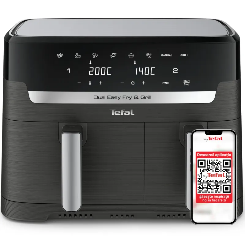 Friteuza dubla cu aer cald Tefal Dual Easy Fry & Grill air fryer EY905B10, 2700 W, capacitate 8.3 L, functie grill, 8 programe, vase detasabile antiaderente, tehnologie Extra-Crisp, temperatura reglabila 40-200°C, display LCD, gri