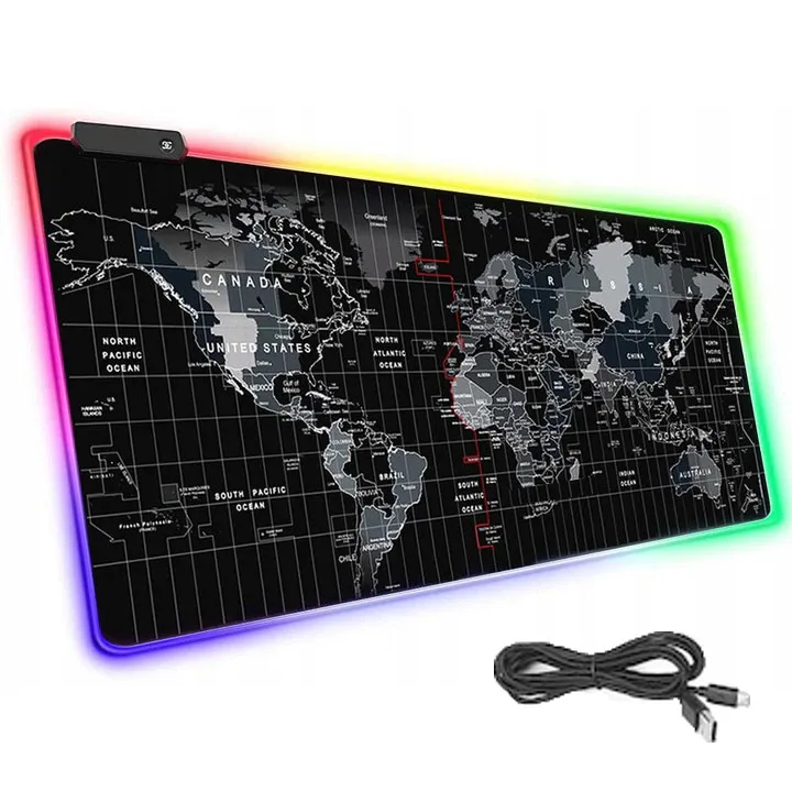 Mousepad Profesional, cauciucat pentru gaming, Harta Lumii, cu LED colorat, 7 culori, 4 moduri de iluminare, antiderapant, 80x30 cm