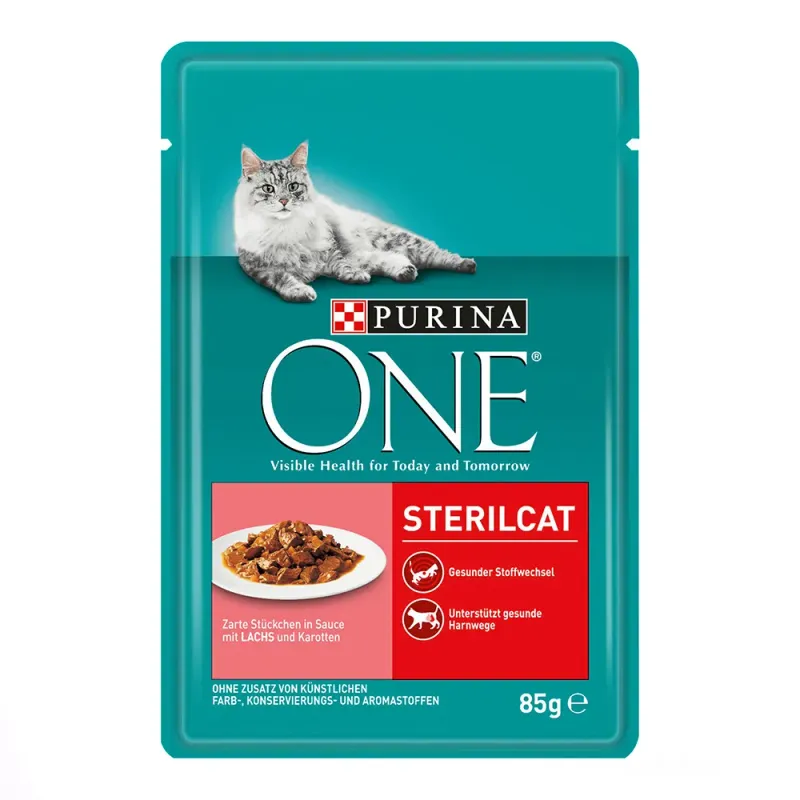 Hrana umeda pentru pisici sterilizate Purina One Sterilcat file cu somon si morcovi in sos, 85 g