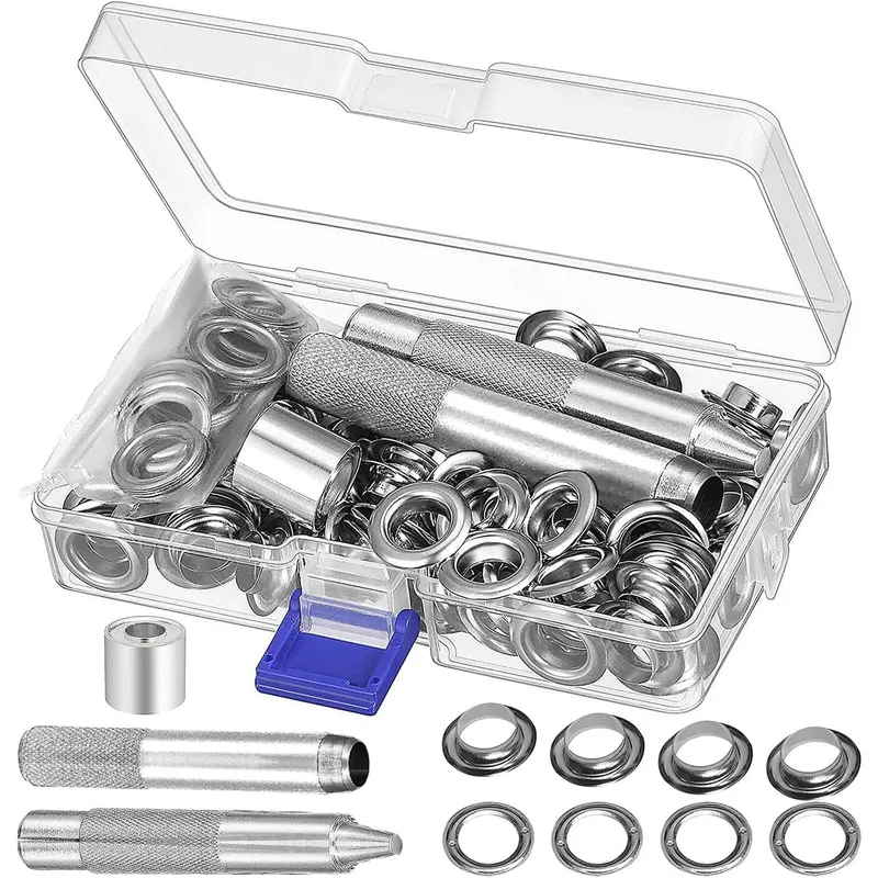 Set de capse metalice QttvbTna, argintiu, 10mm, 100 bucati, cutie de depozitare