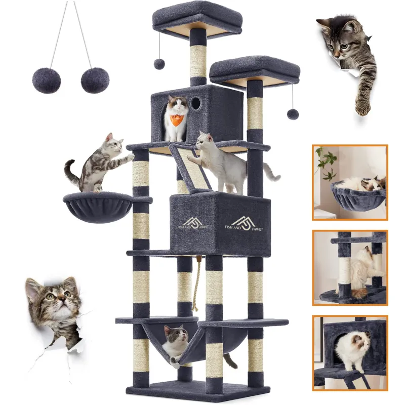 Ansamblu de joaca pentru pisici Fish & Paws ®, cu 2 bile suspendate, stalpi din fibra rezistenta din sisal pentru zgariat, foarte stabil si structura atractiva, 2 platforme de observatie, 2 hamace si 2 casute, inaltime de 206 cm, Gri antracit