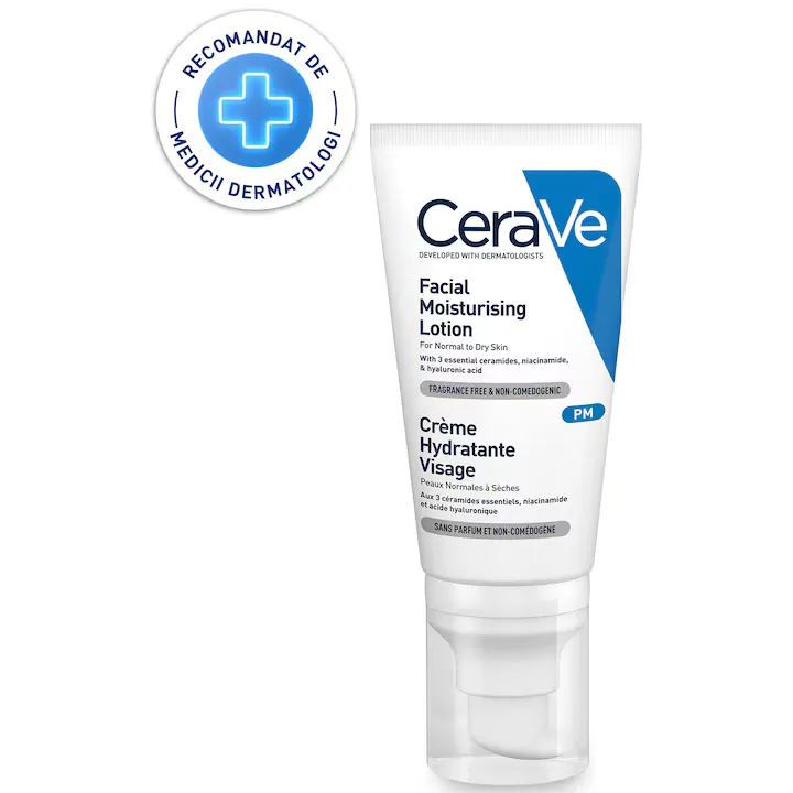 Crema hidratanta pentru fata CeraVe PM, cu ceramide, niacinamida si acid hialuronic pentru ten normal-uscat, 52 ml