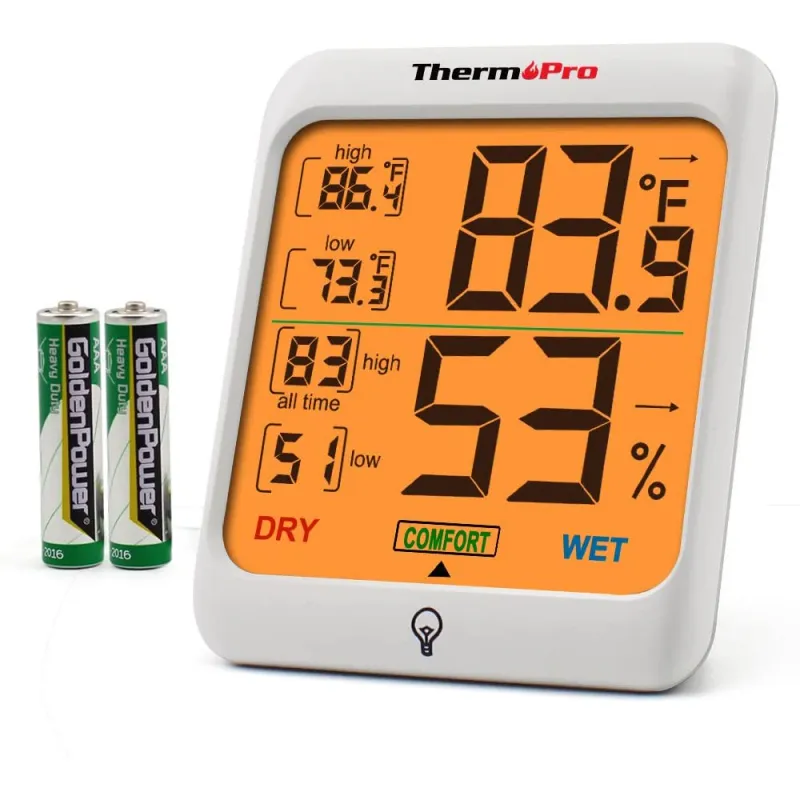 Termometru si higrometru de camera ThermoPro ecran 3 inch, lumina, touch, indicator comfort, citire 10s, 3 tipuri de montare, gama profesionala, alb