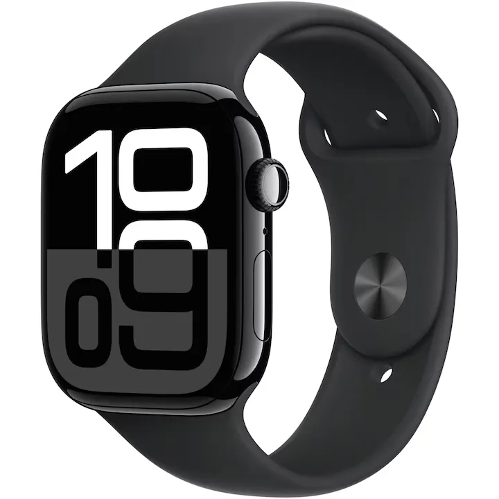Apple Watch 10 GPS, Carcasa Jet Black Aluminium Case 46mm, Black Sport Band - M/L