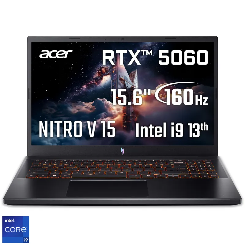 Gaming Acer Nitro V15 ANV15-52-95UT cu procesor Intel® Core™ i9-13900H pana la 5.40 GHz, 15.6" FullHD, IPS, 165Hz, 16GB DDR4 RAM, 512GB SSD, NVIDIA® GeForce RTX™ 5060 8GB GDDR7, No OS, Obsidian Black