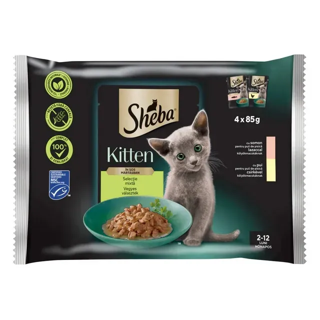 Hrana umeda pentru pisici junioare Sheba Kitten, pachet mixt cu somon si pui, 4 x 85 g